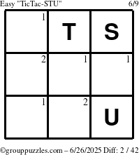 The grouppuzzles.com Easy TicTac-STU puzzle for Thursday June 26, 2025 with the first 2 steps marked