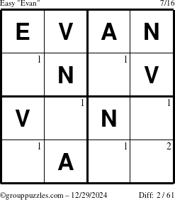 The grouppuzzles.com Easy Evan puzzle for Sunday December 29, 2024 with the first 2 steps marked