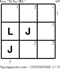 The grouppuzzles.com Easy TicTac-JKL puzzle for Sunday December 29, 2024 with all 2 steps marked