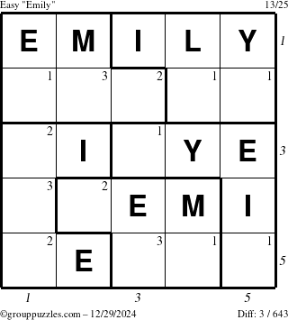 The grouppuzzles.com Easy Emily puzzle for Sunday December 29, 2024 with all 3 steps marked