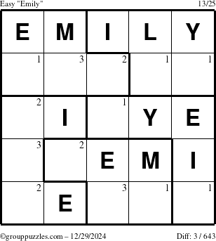 The grouppuzzles.com Easy Emily puzzle for Sunday December 29, 2024 with the first 3 steps marked