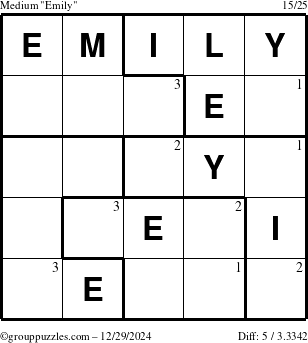 The grouppuzzles.com Medium Emily puzzle for Sunday December 29, 2024 with the first 3 steps marked