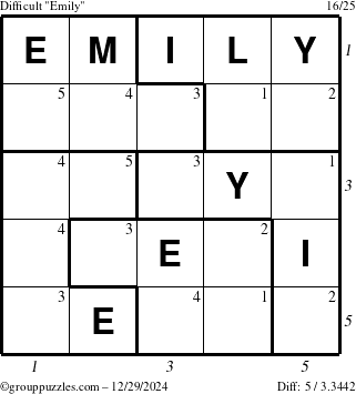 The grouppuzzles.com Difficult Emily puzzle for Sunday December 29, 2024 with all 5 steps marked