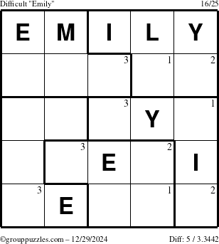 The grouppuzzles.com Difficult Emily puzzle for Sunday December 29, 2024 with the first 3 steps marked