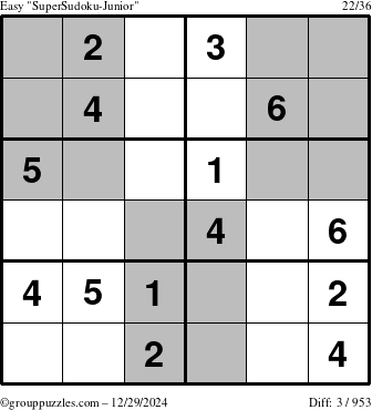 The grouppuzzles.com Easy SuperSudoku-Junior puzzle for Sunday December 29, 2024