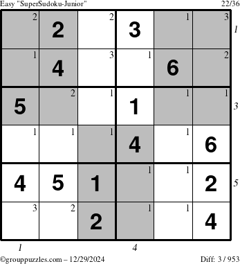 The grouppuzzles.com Easy SuperSudoku-Junior puzzle for Sunday December 29, 2024 with all 3 steps marked