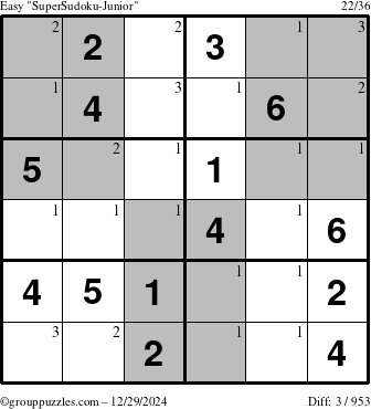 The grouppuzzles.com Easy SuperSudoku-Junior puzzle for Sunday December 29, 2024 with the first 3 steps marked