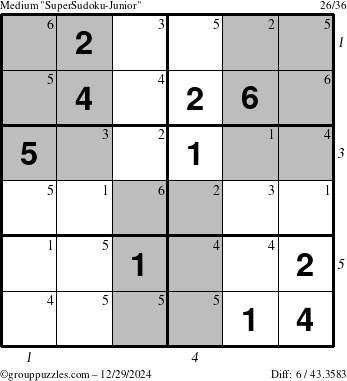 The grouppuzzles.com Medium SuperSudoku-Junior puzzle for Sunday December 29, 2024 with all 6 steps marked