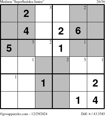 The grouppuzzles.com Medium SuperSudoku-Junior puzzle for Sunday December 29, 2024 with the first 3 steps marked