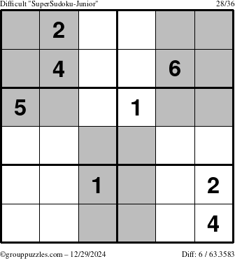 The grouppuzzles.com Difficult SuperSudoku-Junior puzzle for Sunday December 29, 2024