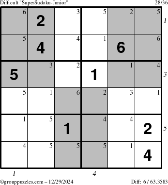 The grouppuzzles.com Difficult SuperSudoku-Junior puzzle for Sunday December 29, 2024 with all 6 steps marked