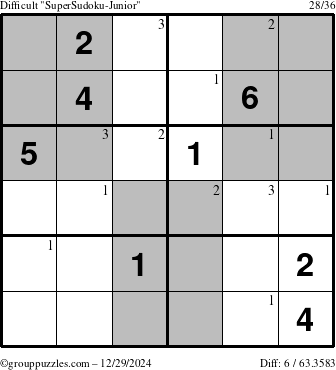 The grouppuzzles.com Difficult SuperSudoku-Junior puzzle for Sunday December 29, 2024 with the first 3 steps marked