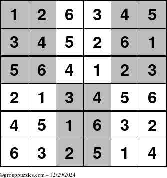 The grouppuzzles.com Answer grid for the SuperSudoku-Junior puzzle for Sunday December 29, 2024