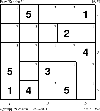 The grouppuzzles.com Easy Sudoku-5 puzzle for Sunday December 29, 2024 with all 3 steps marked