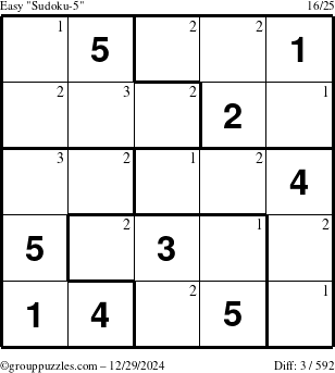 The grouppuzzles.com Easy Sudoku-5 puzzle for Sunday December 29, 2024 with the first 3 steps marked