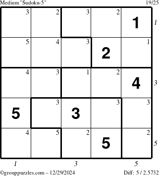 The grouppuzzles.com Medium Sudoku-5 puzzle for Sunday December 29, 2024 with all 5 steps marked