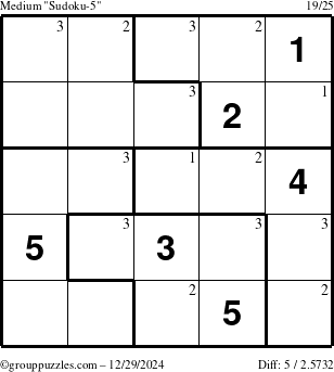 The grouppuzzles.com Medium Sudoku-5 puzzle for Sunday December 29, 2024 with the first 3 steps marked