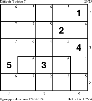 The grouppuzzles.com Difficult Sudoku-5 puzzle for Sunday December 29, 2024 with all 7 steps marked