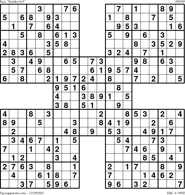 The grouppuzzles.com Easy Sudoku-by5 puzzle for Sunday December 29, 2024