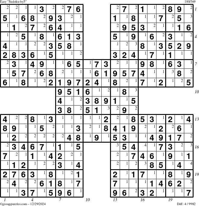 The grouppuzzles.com Easy Sudoku-by5 puzzle for Sunday December 29, 2024 with all 4 steps marked