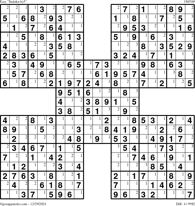 The grouppuzzles.com Easy Sudoku-by5 puzzle for Sunday December 29, 2024 with the first 3 steps marked