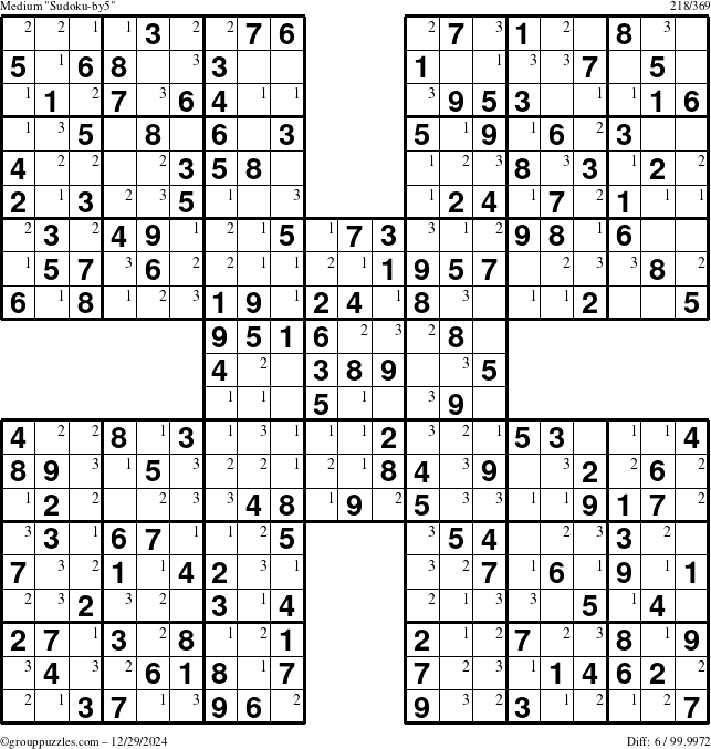 The grouppuzzles.com Medium Sudoku-by5 puzzle for Sunday December 29, 2024 with the first 3 steps marked