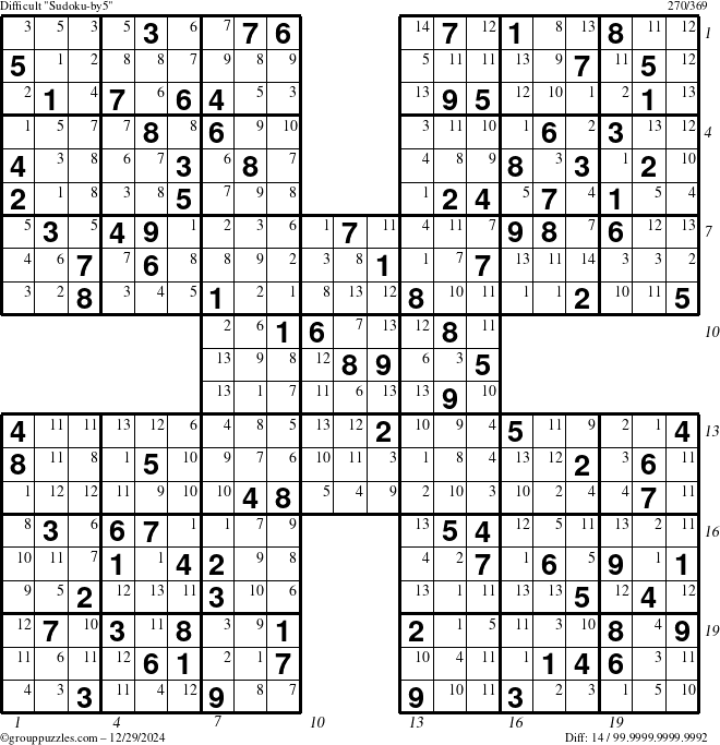 The grouppuzzles.com Difficult Sudoku-by5 puzzle for Sunday December 29, 2024 with all 14 steps marked