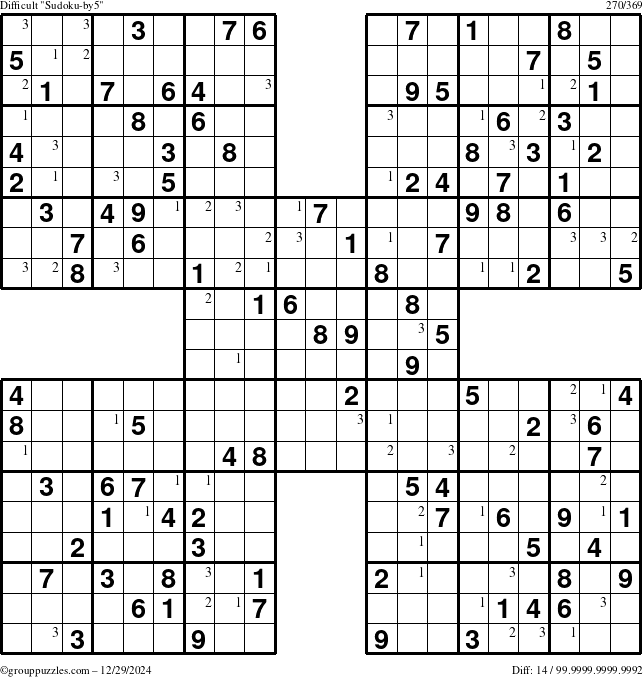 The grouppuzzles.com Difficult Sudoku-by5 puzzle for Sunday December 29, 2024 with the first 3 steps marked