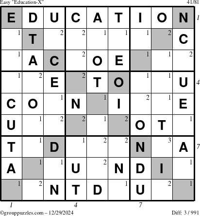 The grouppuzzles.com Easy Education-X puzzle for Sunday December 29, 2024 with all 3 steps marked