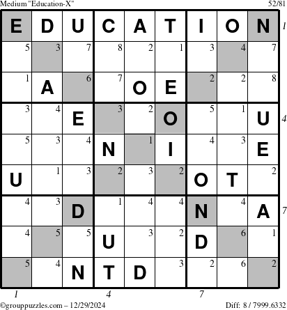 The grouppuzzles.com Medium Education-X puzzle for Sunday December 29, 2024, suitable for printing, with all 8 steps marked