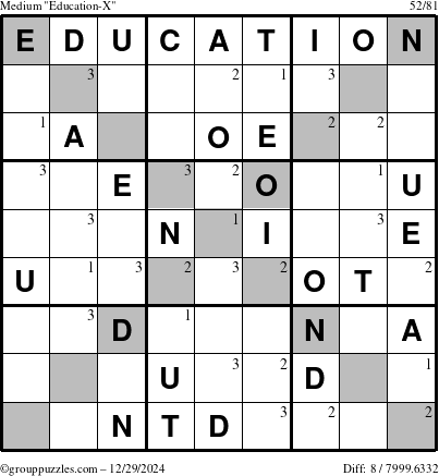 The grouppuzzles.com Medium Education-X puzzle for Sunday December 29, 2024 with the first 3 steps marked