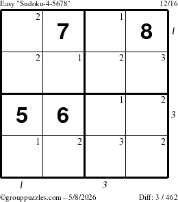 The grouppuzzles.com Easy Sudoku-4-5678 puzzle for Friday May 8, 2026, suitable for printing, with all 3 steps marked