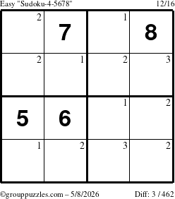 The grouppuzzles.com Easy Sudoku-4-5678 puzzle for Friday May 8, 2026 with the first 3 steps marked
