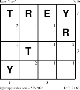 The grouppuzzles.com Easy Trey puzzle for Friday May 8, 2026, suitable for printing, with all 2 steps marked