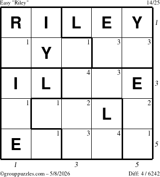 The grouppuzzles.com Easy Riley puzzle for Friday May 8, 2026, suitable for printing, with all 4 steps marked
