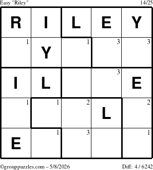 The grouppuzzles.com Easy Riley puzzle for Friday May 8, 2026 with the first 3 steps marked