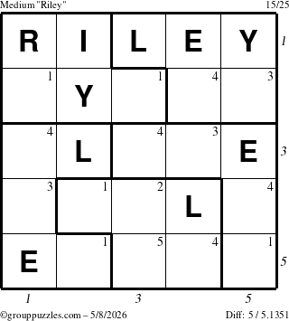 The grouppuzzles.com Medium Riley puzzle for Friday May 8, 2026, suitable for printing, with all 5 steps marked
