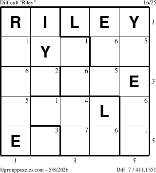 The grouppuzzles.com Difficult Riley puzzle for Friday May 8, 2026, suitable for printing, with all 7 steps marked