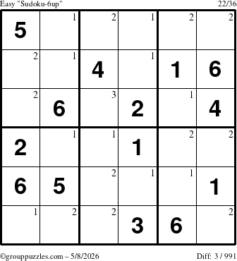 The grouppuzzles.com Easy Sudoku-6up puzzle for Friday May 8, 2026 with the first 3 steps marked
