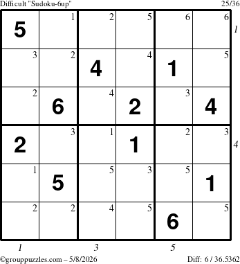 The grouppuzzles.com Difficult Sudoku-6up puzzle for Friday May 8, 2026, suitable for printing, with all 6 steps marked