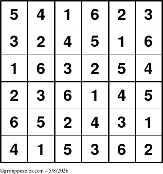 The grouppuzzles.com Answer grid for the Sudoku-6up puzzle for Friday May 8, 2026