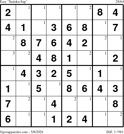 The grouppuzzles.com Easy Sudoku-8up puzzle for Friday May 8, 2026 with the first 3 steps marked
