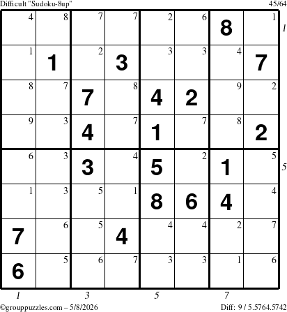 The grouppuzzles.com Difficult Sudoku-8up puzzle for Friday May 8, 2026 with all 9 steps marked