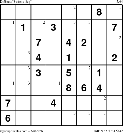 The grouppuzzles.com Difficult Sudoku-8up puzzle for Friday May 8, 2026 with the first 3 steps marked