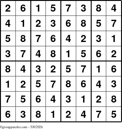 The grouppuzzles.com Answer grid for the Sudoku-8up puzzle for Friday May 8, 2026