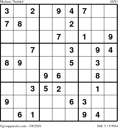 The grouppuzzles.com Medium Sudoku puzzle for Friday May 8, 2026