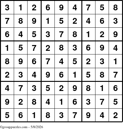 The grouppuzzles.com Answer grid for the Sudoku puzzle for Friday May 8, 2026