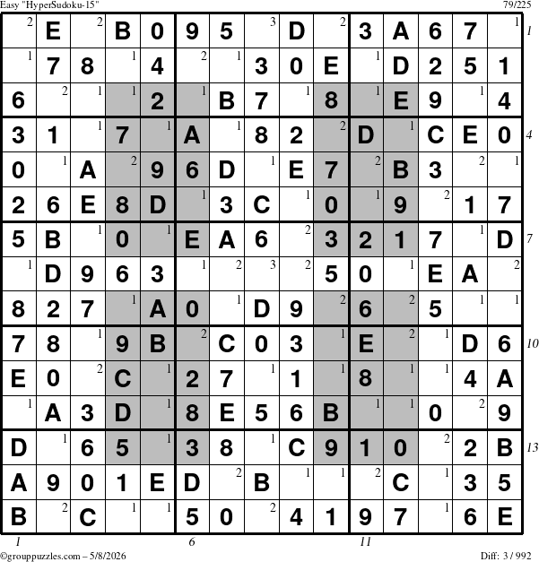 The grouppuzzles.com Easy HyperSudoku-15 puzzle for Friday May 8, 2026 with all 3 steps marked