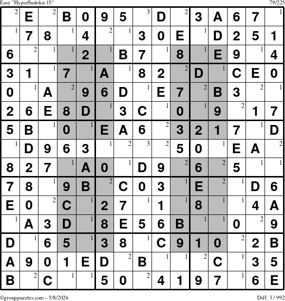 The grouppuzzles.com Easy HyperSudoku-15 puzzle for Friday May 8, 2026 with the first 3 steps marked