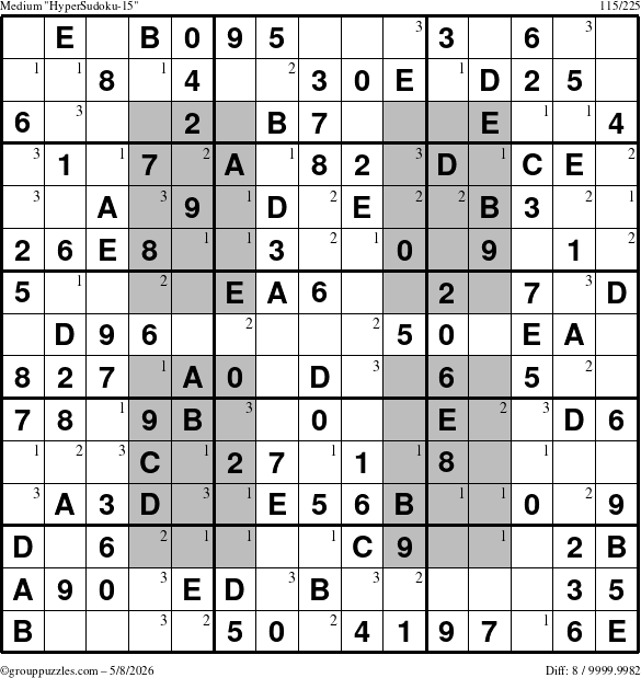The grouppuzzles.com Medium HyperSudoku-15 puzzle for Friday May 8, 2026 with the first 3 steps marked